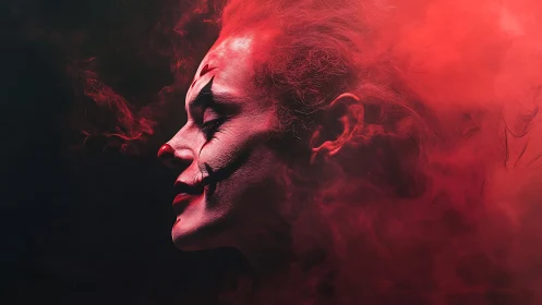 Profile view of clown makeup face in dense red smoke.