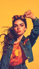 Bold digital portrait of stylish woman in denim, vivid yellow ground.