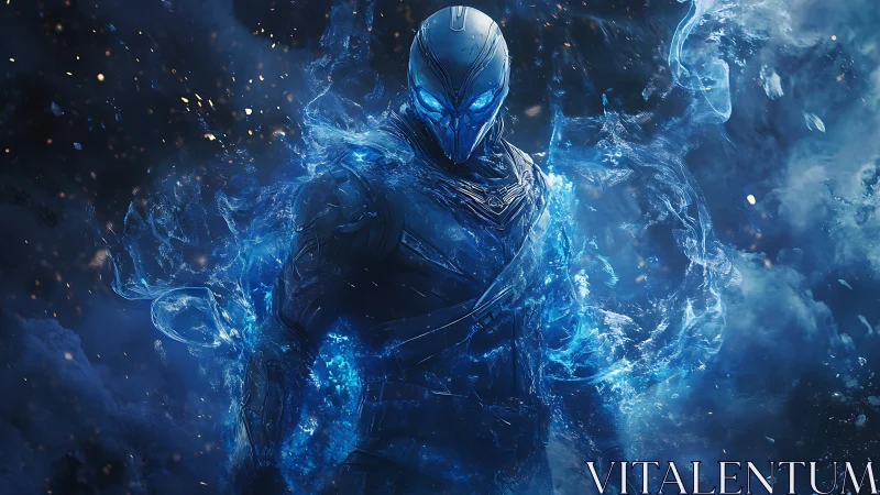 Stormforged cyber warrior rising in swirling blue energy.