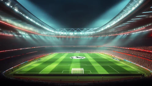 Floodlit football arena under dramatic night sky glow.