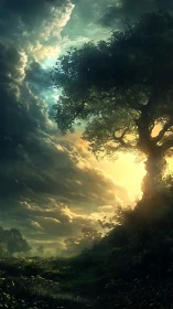 Backlit tree divides storm clouds and warm atmospheric light