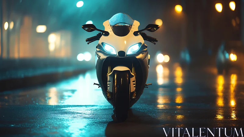 Sport motorcycle glows on wet city street at night.