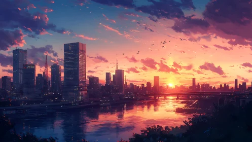 Urban river skyline at sunset with reflective water surface.