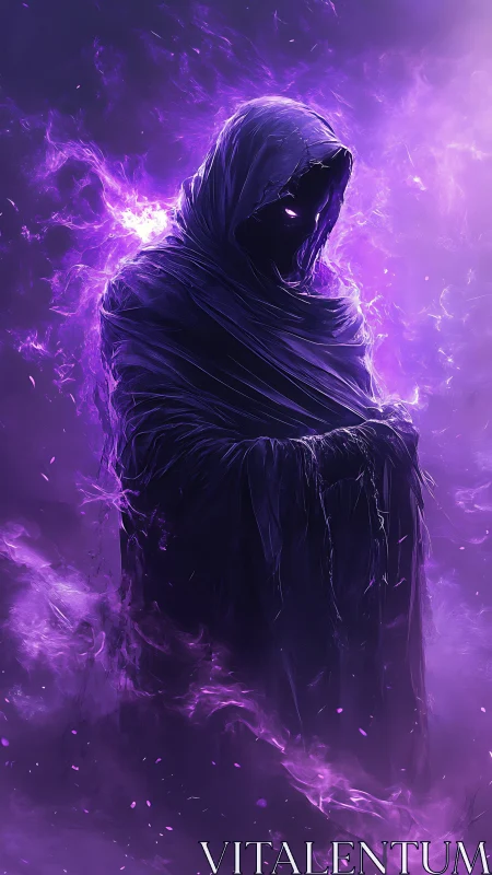 Hooded void wraith shrouded in luminous violet etheric flames