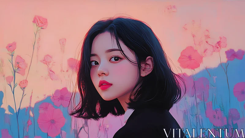 Digital portrait of woman before stylized floral background