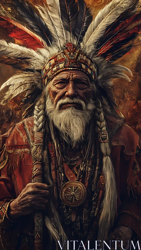 Elder tribal chief stands in ornate feathered headdress
