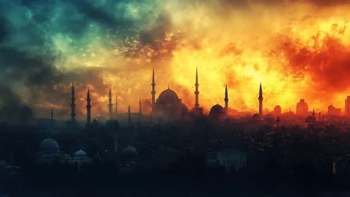 Fiery dusk sky gently crowns a silhouetted historic city