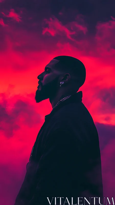 Silhouetted man profile under neon magenta storm clouds.