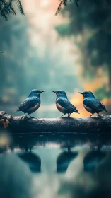 Morning song gathers three little birds above quiet water