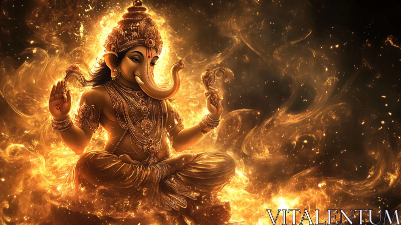 Golden elephant-headed deity sits amid swirling fire light