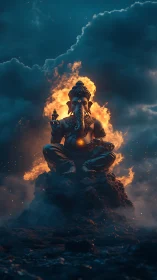 Lord Ganesha sits in fiery halo over stormy clouds.