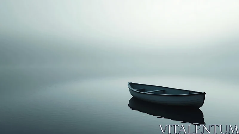 Rowboat on calm water in uniform pale atmospheric haze.