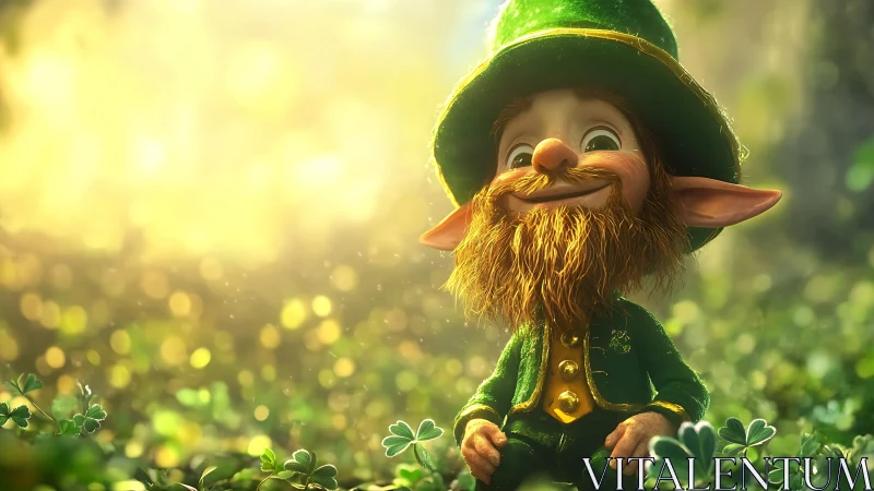 Smiling forest leprechaun in glowing clover field sunshine.