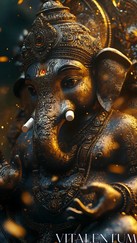 Gilded elephant sage glowing amid drifting ember constellations.