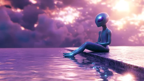 Bioluminescent alien figure seated beside reflective neon pool
