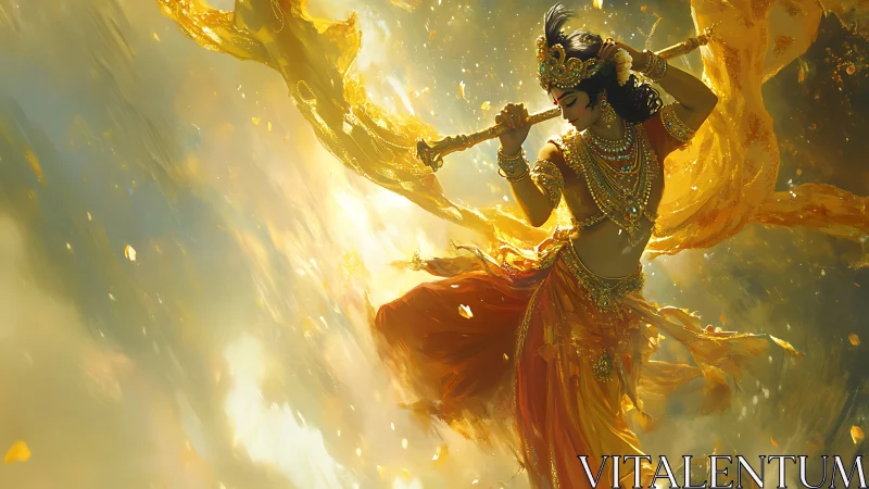 Divine dancer in golden vortex with radiant flowing drapery.