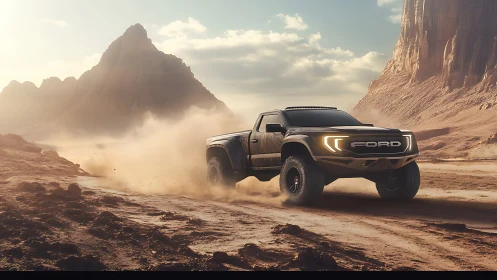 Dusty desert trail welcomes a bold Ford truck in motion