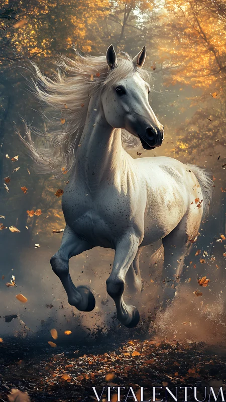 White horse running through autumn forest in lighted dust.