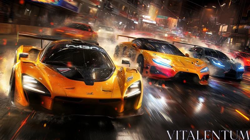 Roaring supercars slice through a neon city in wet night racing
