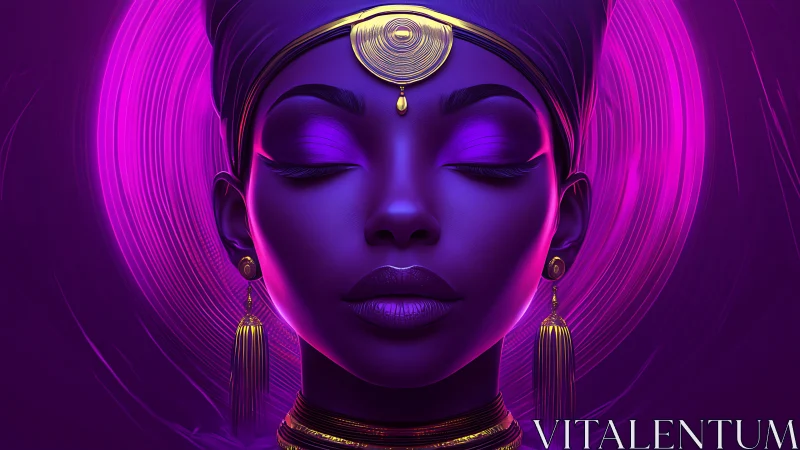 Regal neon portrait of serene woman with golden jewelry.