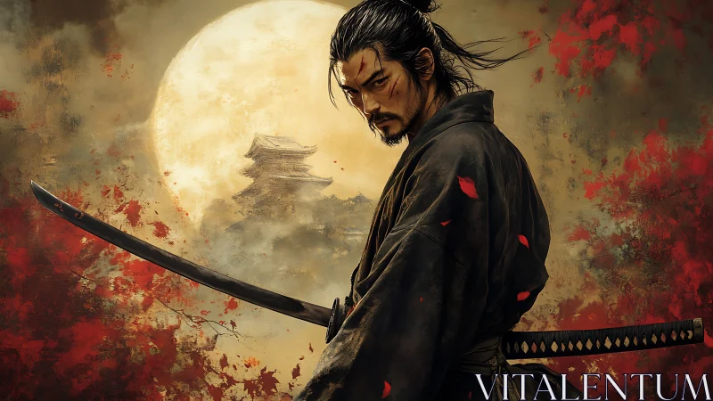 Samurai with drawn katana before full moon and pagoda.