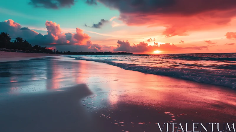 Coastal shoreline with vivid sunset sky and reflections.