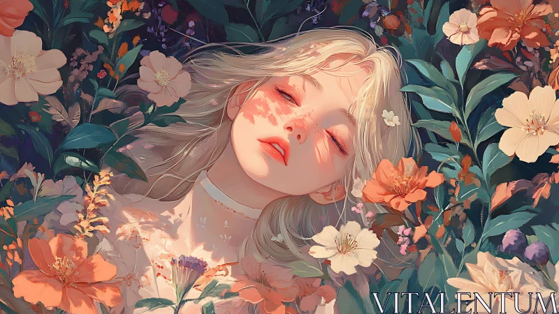 Young woman lying amid dense floral vegetation in repose.