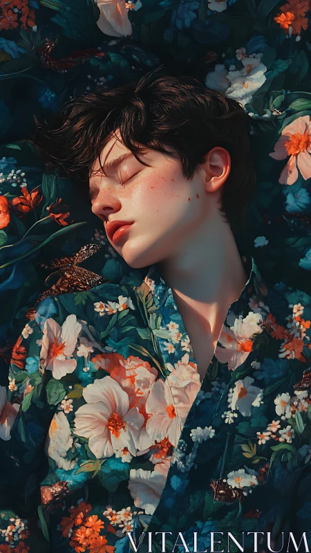 Young person in floral garment lying among dense blossoms.