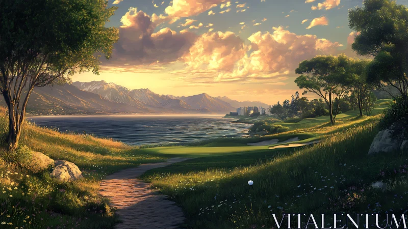 Golden hour illuminates a tranquil coastal golf fairway