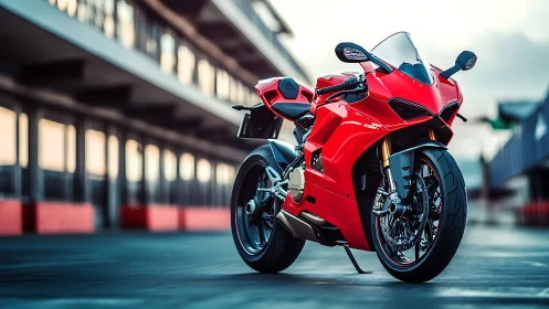 Red sport motorcycle stands on empty circuit pit lane