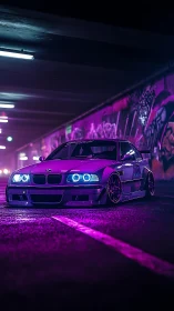 Modified BMW E46 in neon-lit tunnel with magenta-blue bokeh lighting