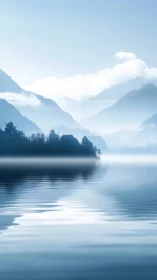 Calm misty lake with layered blue mountain silhouettes.