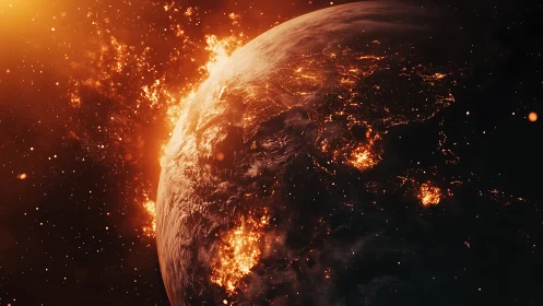 Fiery Earth glowing in space with dramatic burning light.