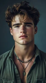 Portrait of tousled-haired young man in soft studio light.