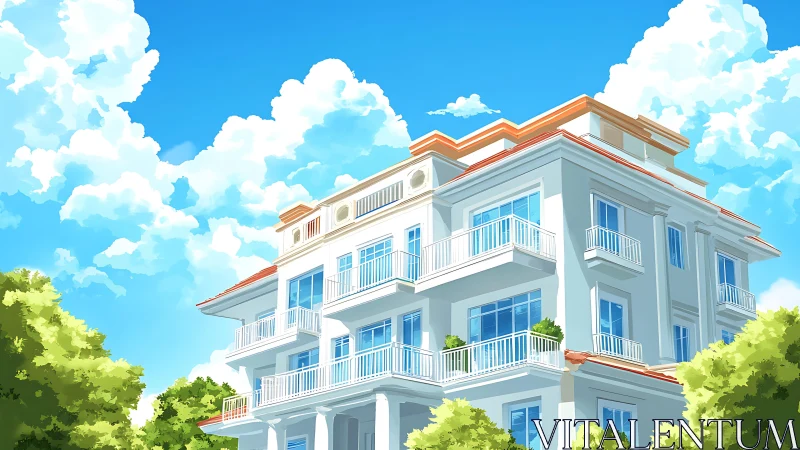 Sunlit low-rise apartment block with balconies under cumulus sky.