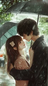 Rain-Soaked Embrace: Two Souls Sheltered Beneath Umbrellas