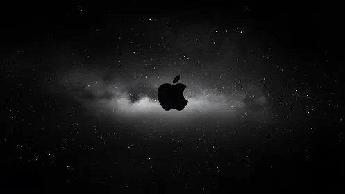 Minimal black apple logo centered in deep star field.