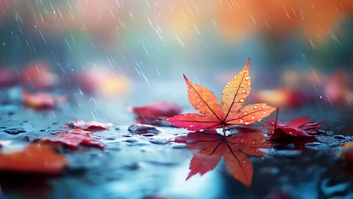 Gentle autumn leaf resting in the rain&rsquo;s soft embrace.