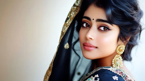 Bridal portrait in black sari with gold embroidered detailing.