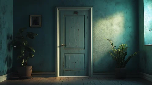 Interior view shows teal door with plants and directional light