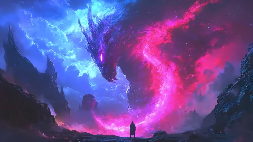 Cosmic dragon vortex coils above lone figure in neon sky.