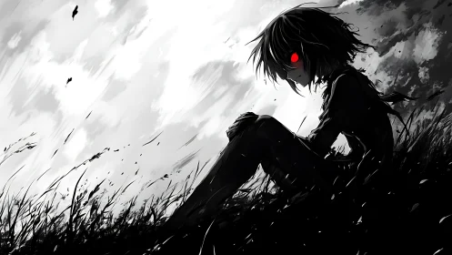 Crimson-eyed wanderer rests quietly under a stormy sky