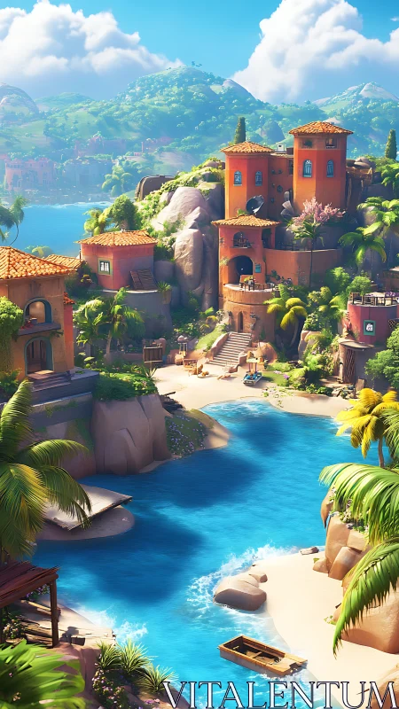 Mediterranean Coastal Resort Complex Rendered with Volumetric Lighting and Advanced Color Grading