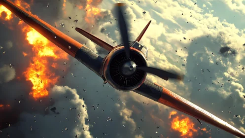 Single radial-engine fighter diving through explosive cloudscape