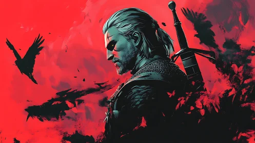 Brooding white-haired warrior stands amid crimson ravenscape