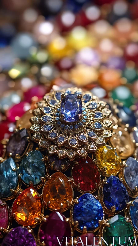 Closeup of ornate blue gemstone ring on multicolor jewels.