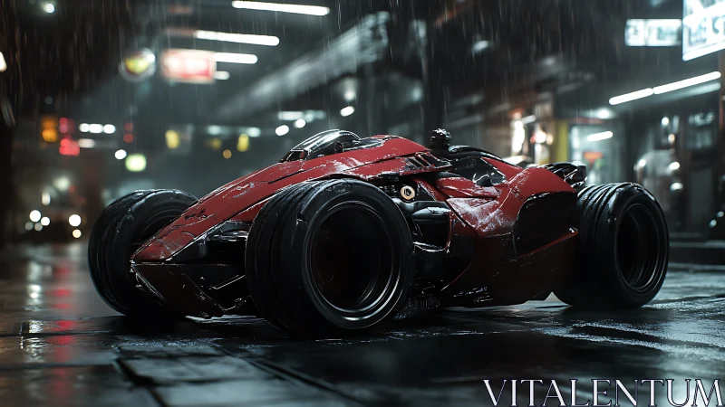 Rain-slicked cyber racer crouches low on neon-soaked asphalt
