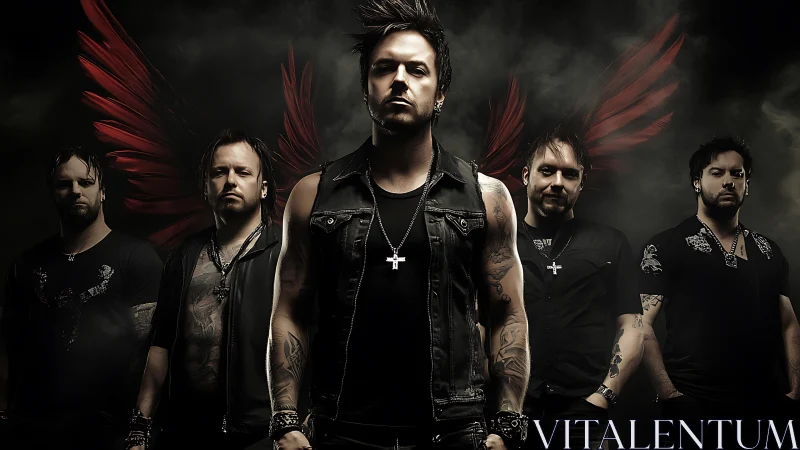 Rock band stands defiant with dark wings and stormy aura.