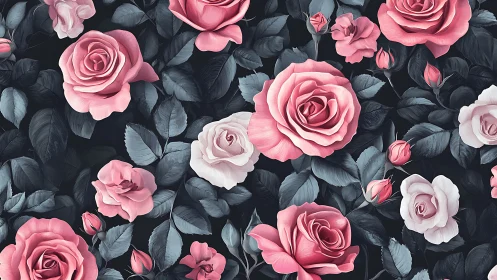 Pink Roses Digital Floral Composition Against Dark Foliage.
