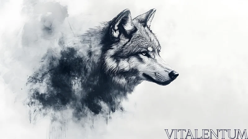 Wolf portrait emerges from mist in monochrome watercolor smoke
